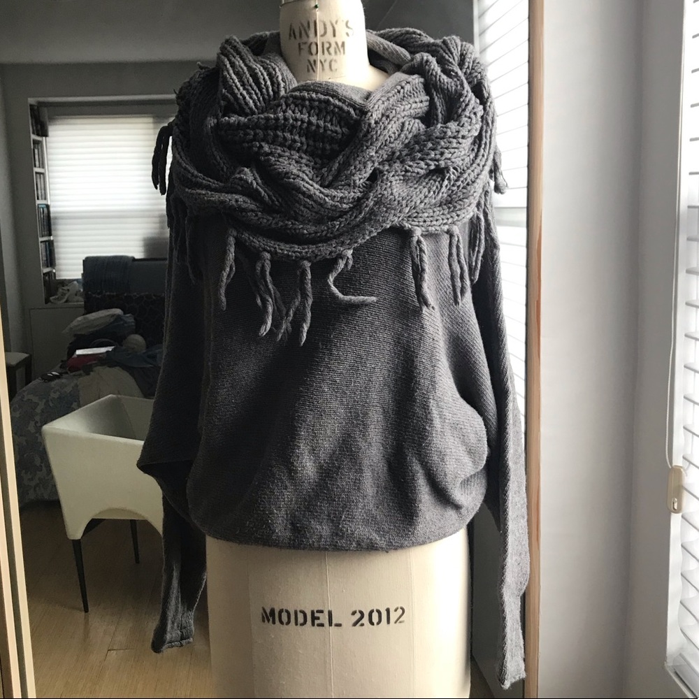 BCBG Gray Braided Cowl Neck Sweater